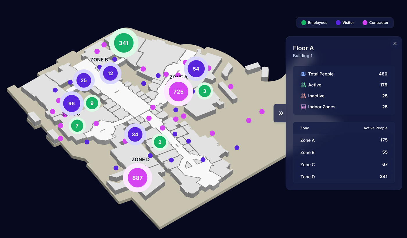 Locatenow.ai live operations map showing tracked people counts by zone across a building floor plan, alongside a Floor A summary panel